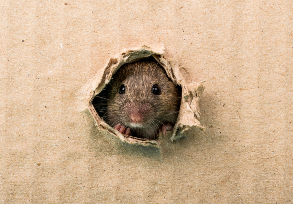 Brown mouse poking head through hole